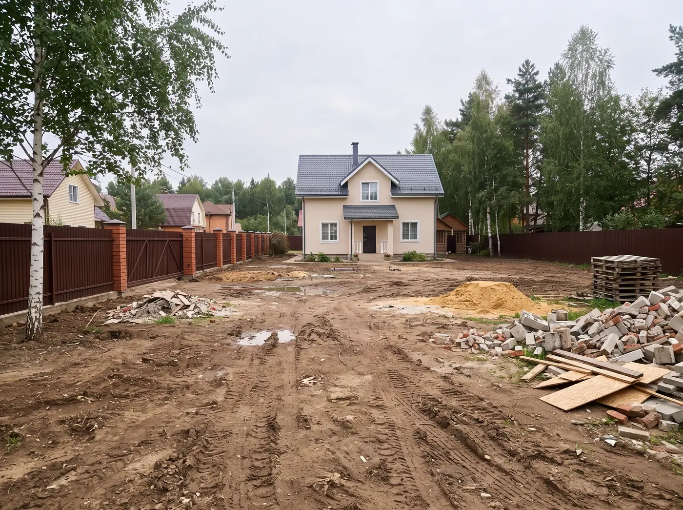 Сад после стройки: газон, плитняк и туи — до