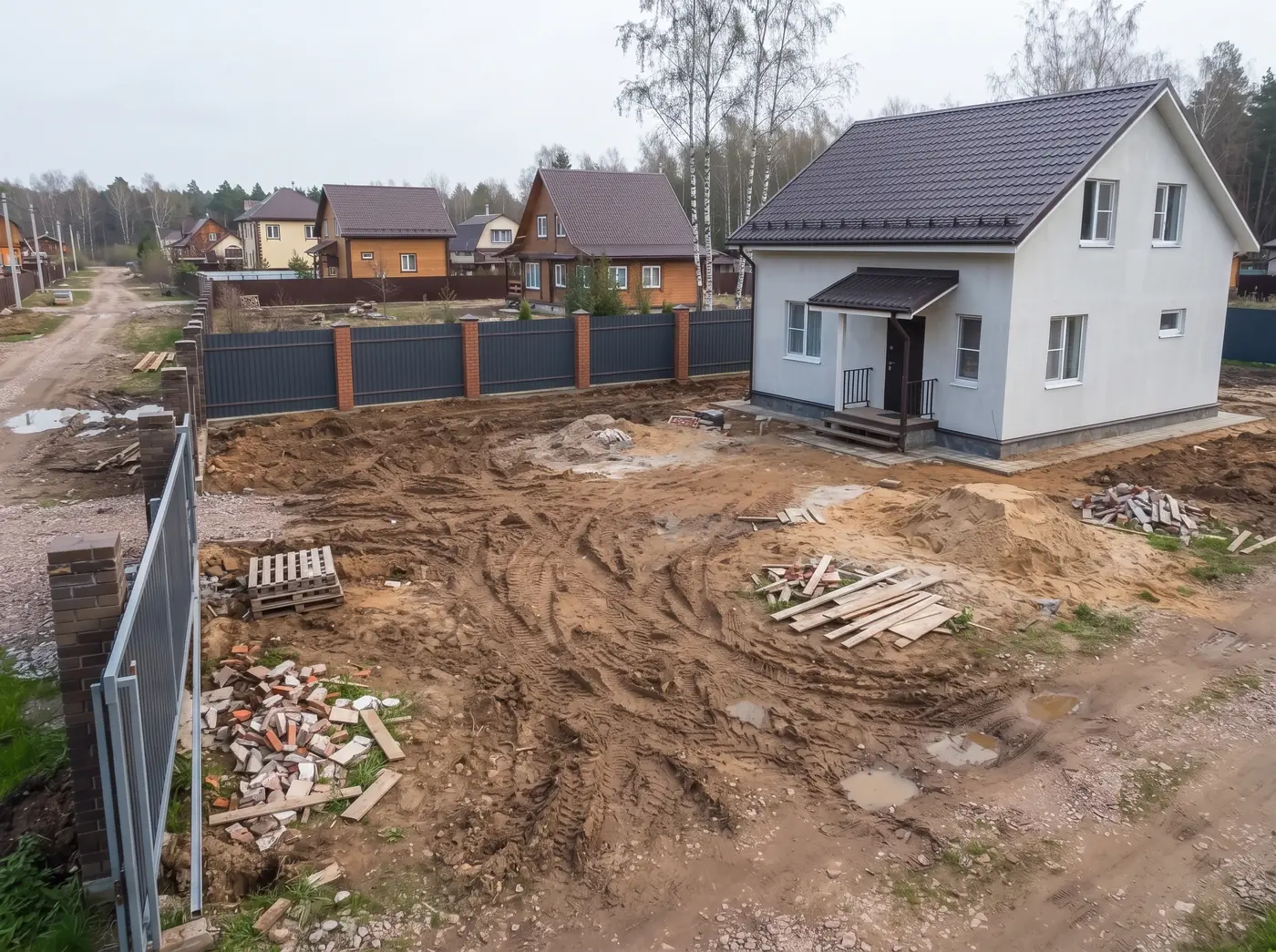 Небольшой участок: отмостка, парковка, газон — до
